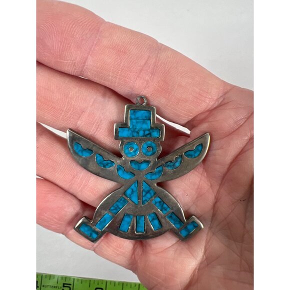 VTG Roma Knifewing Dancer Kachina Zuni Faux Turquoise Inlay Pendant Silver Plate - Picture 6 of 6